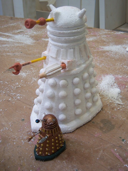 Photo - Carved Polystyrene Dalek and Toy Model (Front View) - Dr Who Maquettes 2007 - Blackpool Illuminations Gallery - &copy; Sarah Myerscough