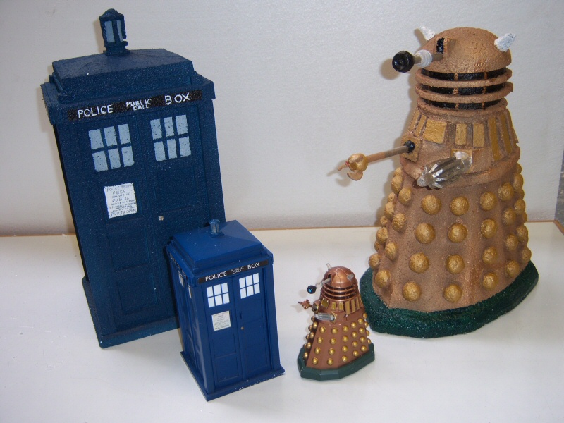 Photo - Finished painted Dalek and Tardis Maquettes with Toy Models - Dr Who Maquettes 2007 - Blackpool Illuminations Gallery - &copy; Sarah Myerscough
