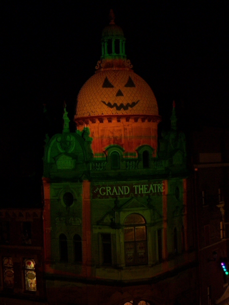 Photo - Halloween slide with pumpkin face on the roof - Grand Theatre Slides 2008 - Blackpool Illuminations Gallery - &copy; Sarah Myerscough