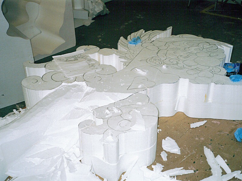 Photo - Semi-carved Cupide model with a copy of the design done by Laurence for guidance - Drawing and Carving - Making of a Blackpool Illumination - &copy; Sarah Myerscough
