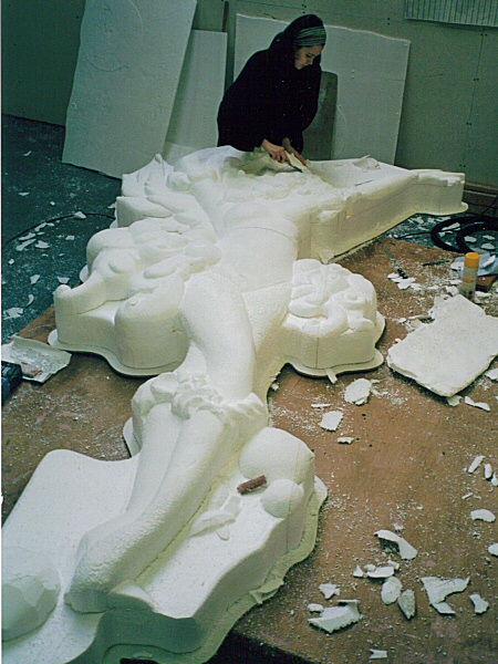 Photo - Sarah Myerscough (me) sanding down the nearly finished model of Cupide - Drawing and Carving - Making of a Blackpool Illumination - &copy; Sarah Myerscough