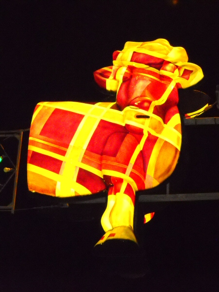 Photo - Nice lit-up shot of the Tartan dairy cow - Concertina Critters 2009 - Blackpool Illuminations Gallery - © Sarah Myerscough