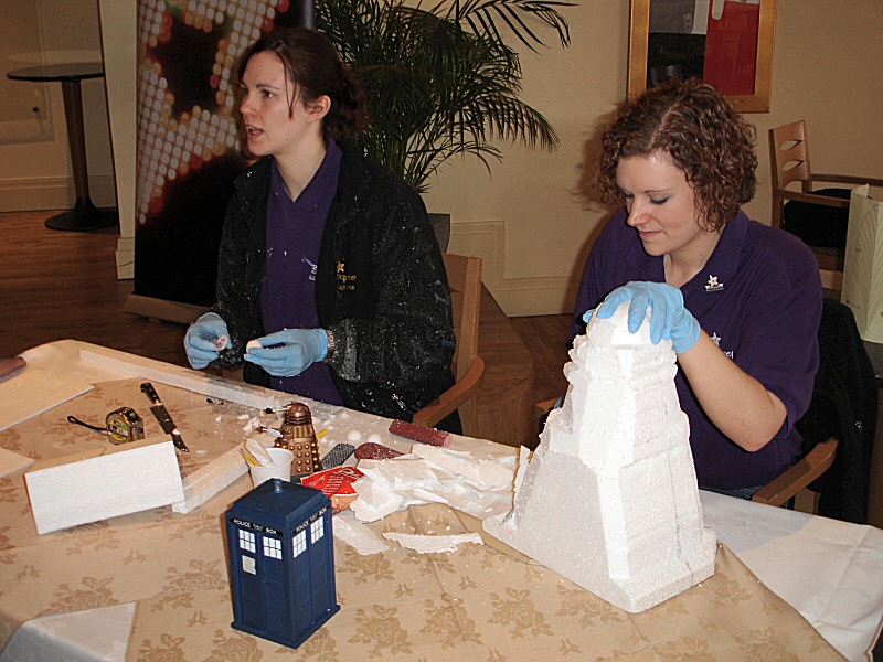 Photo - Sarah Myerscough (me) and fellow artist Jane Armistead at the carving demonstration (photo courtesy of Andrew Hazlehurst) - Dr Who Maquettes 2007 - Blackpool Illuminations Gallery - © Sarah Myerscough