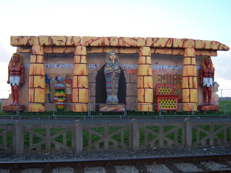 Photo - Egyptian Tableau from the road with tram tracks in foreground - Egyptian Tableau 2007 - Blackpool Illuminations Gallery - © Sarah Myerscough