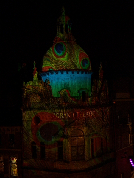 Photo - Grand Theatre illuminated by peacock slide - Grand Theatre Slides 2008 - Blackpool Illuminations Gallery - © Sarah Myerscough