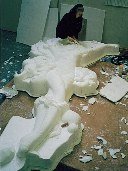 Photo - Sarah Myerscough (me) sanding down the nearly finished model of Cupide - Drawing and Carving - Making of a Blackpool Illumination - © Sarah Myerscough