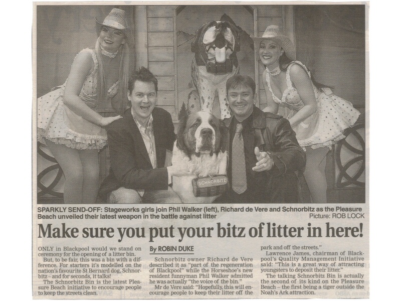 Photo - Newspaper article featuring the real life Schnorbitz and owner Richard de Vere (© Blackpool Evening Gazette) - Schnorbitz Litter Bin (aka Tidy Tiger Facelift) - Blackpool Pleasure Beach Gallery - © Sarah Myerscough