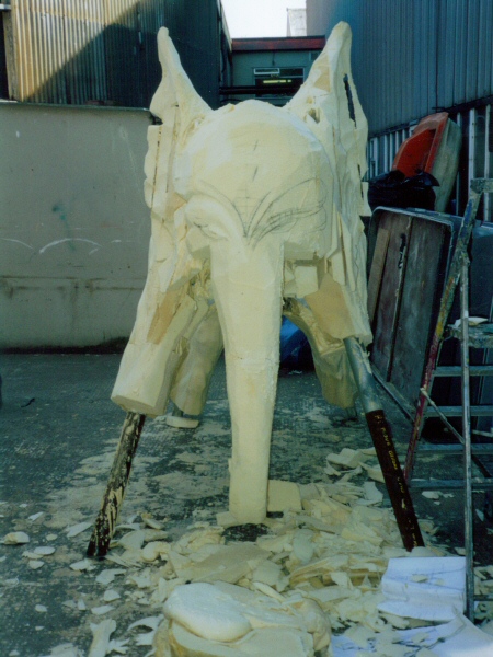 Photo - Foam being added and carved around the steel framework - Dali Style Elephant - blackpool pleasure beach gallery - © Sarah Myerscough