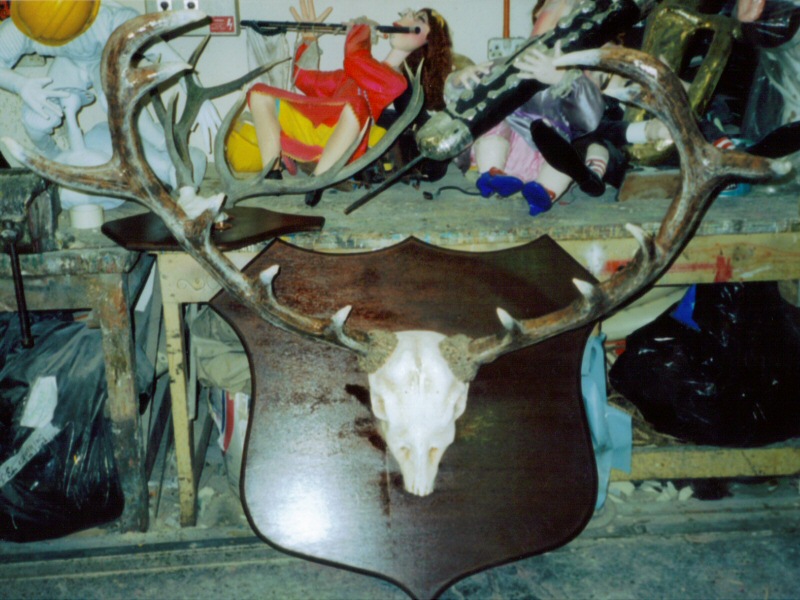 Photo - Finished painted and mounted deer skull amidst the mess of the workshop - Heidi Strasse Revamp - blackpool pleasure beach gallery - © Sarah Myerscough